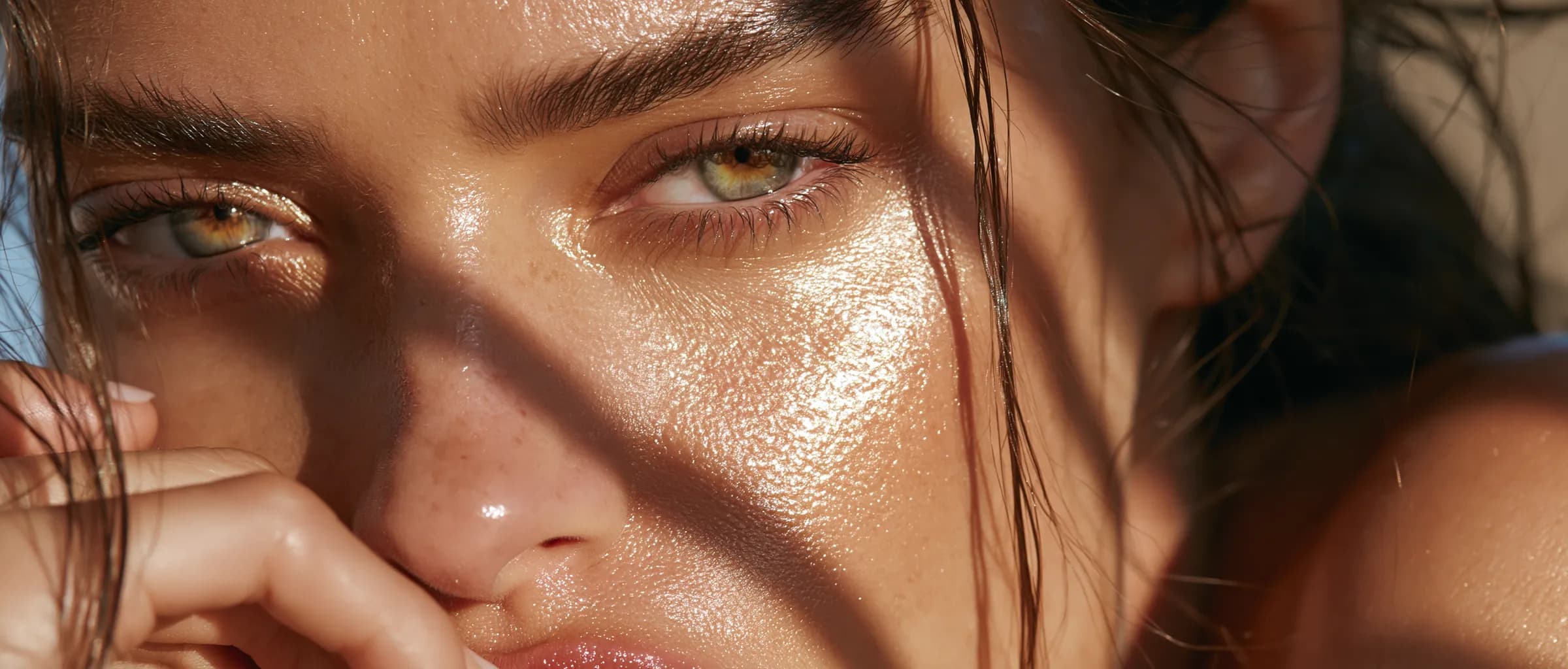 Close detail of hydrated skin, even in tone and texture, shaded from direct sun